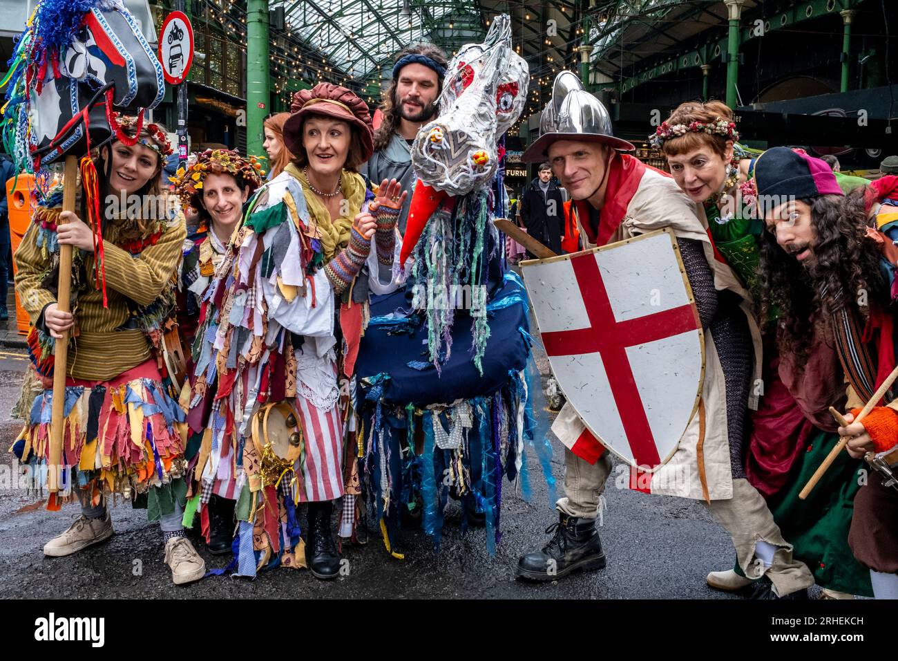 The Lions Part Theatre Company Perform In Borough Market On St George's Day, London, UK. Stock Photo