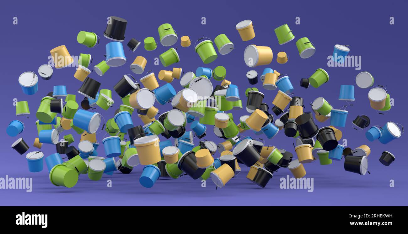 Many of flying plastic cans or buckets on violet background. 3d render