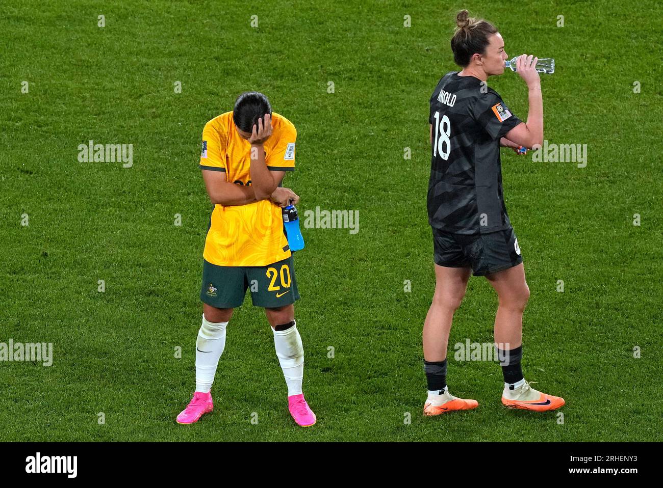 Australia's Sam Kerr and Australia's goalkeeper Mackenzie Arnold react