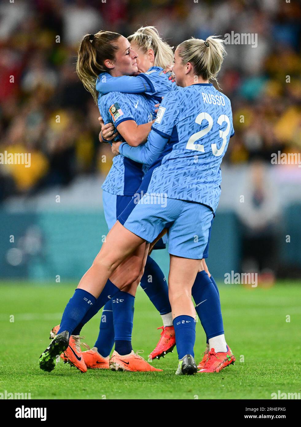 Sydney, Australia. 16th Aug, 2023. Ella Ann Toone (L), Alex Greenwood (M) and Alessia Mia Teresa Russo (R) of England women soccer team celebrate during the FIFA Women's World Cup 2023 match between Australia and England held at the Stadium Australia in Sydney. Final score England 3:1 Australia Credit: SOPA Images Limited/Alamy Live News Stock Photo