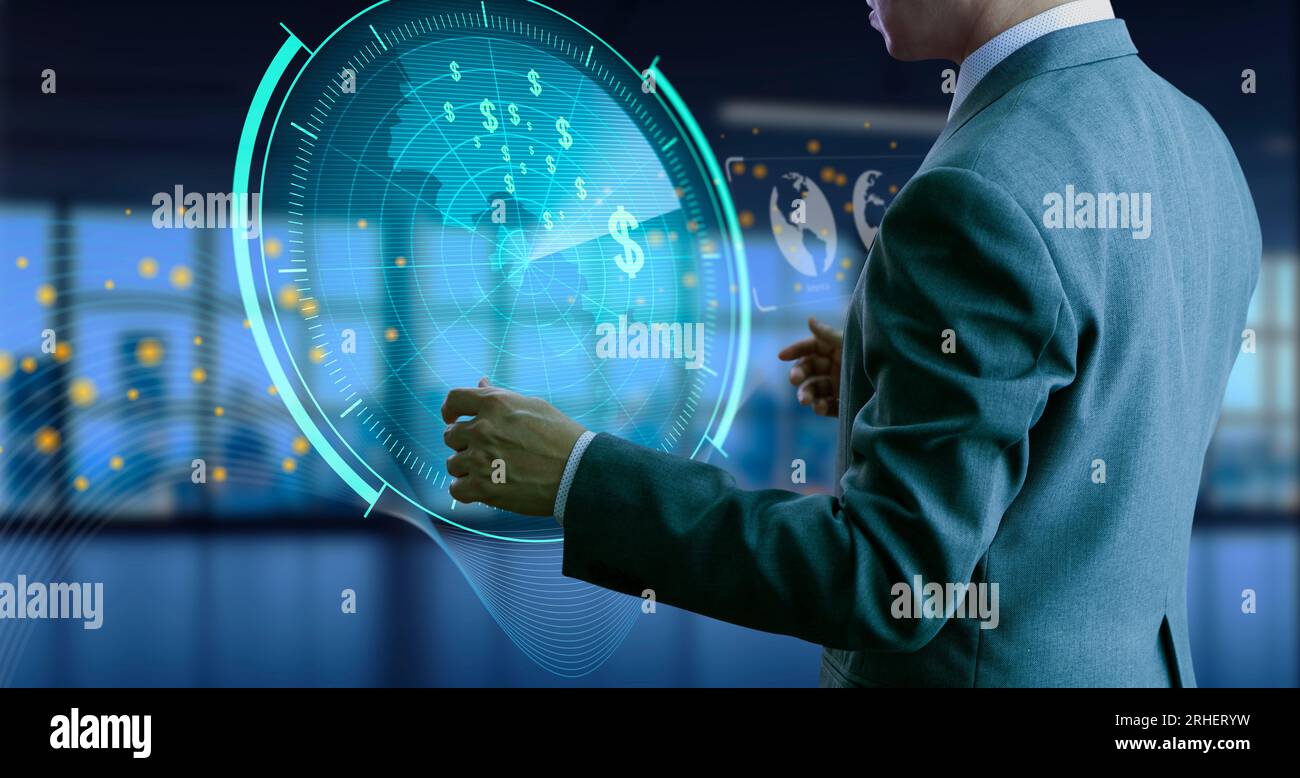 Businessman interacts with virtual radar screen in concept of finding the right marketing loacations for business investment Stock Photo