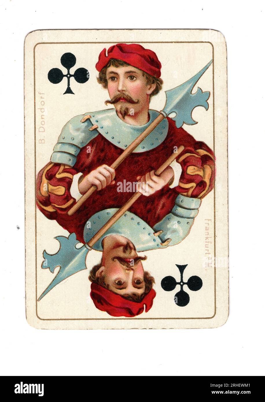 An antique jack of clubs playing card on a white background Stock Photo