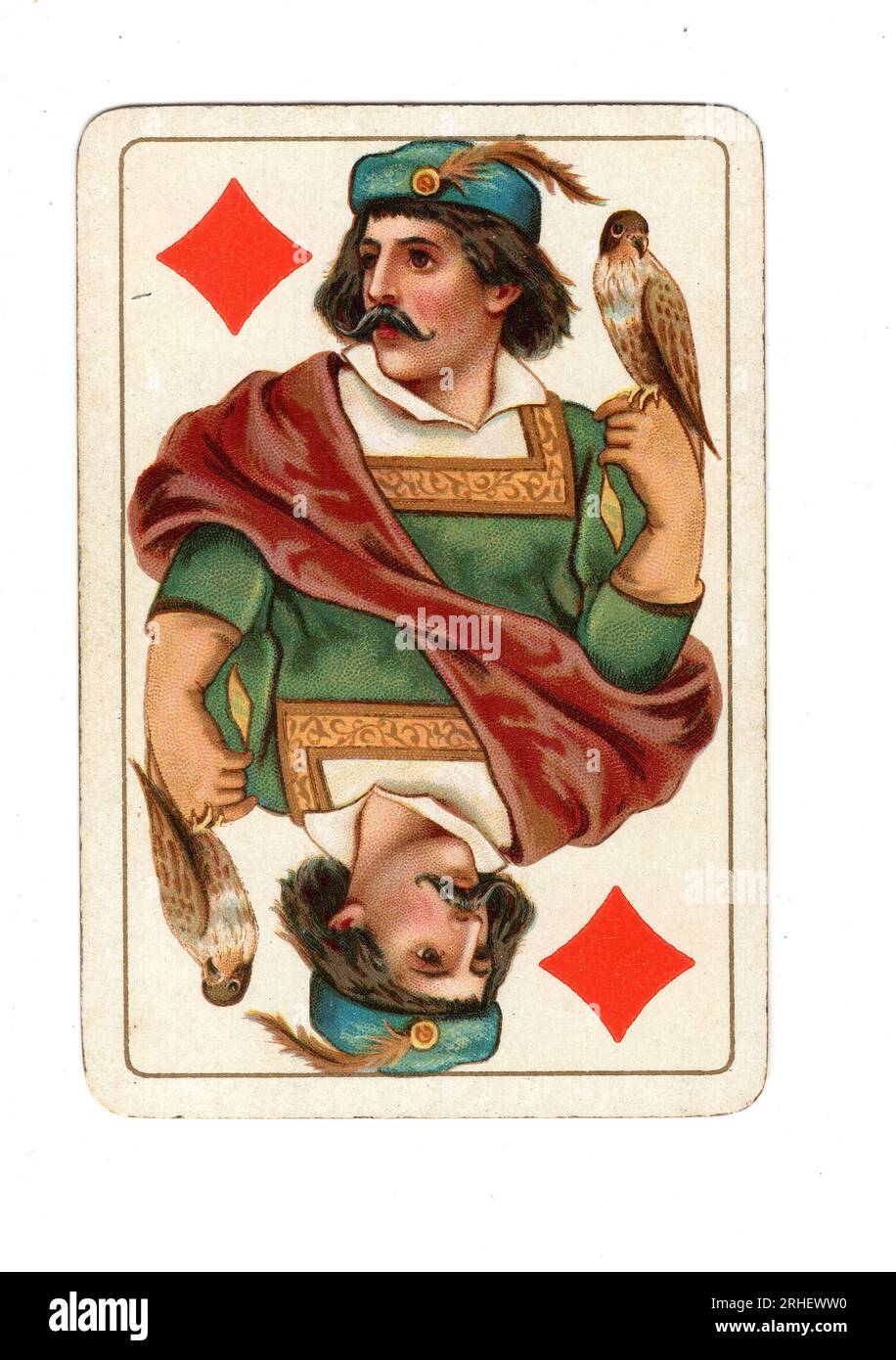 An antique jack of diamonds playing card on a white background. Stock Photo