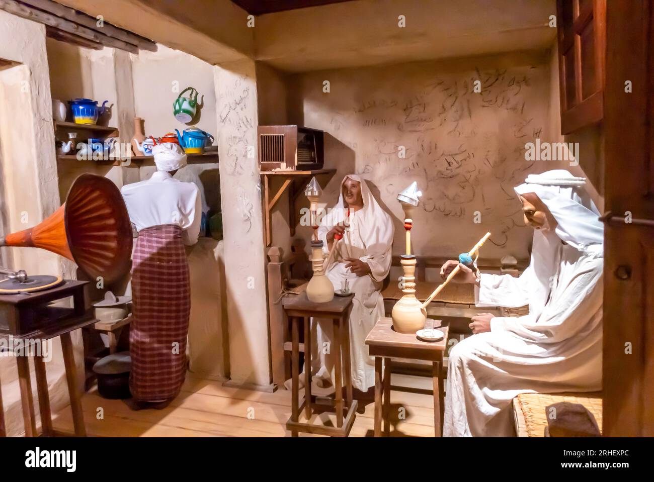 Bahrain museum Hookah cafe, music cafe. men sitting in cafe