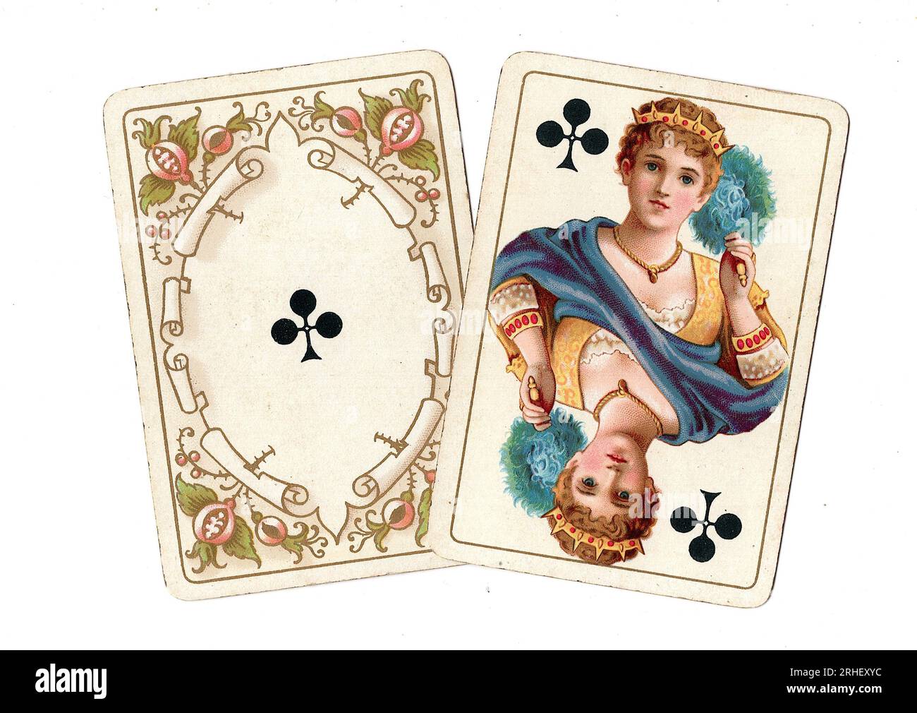 A pair of antique playing cards showing an ace and queen of clubs on a