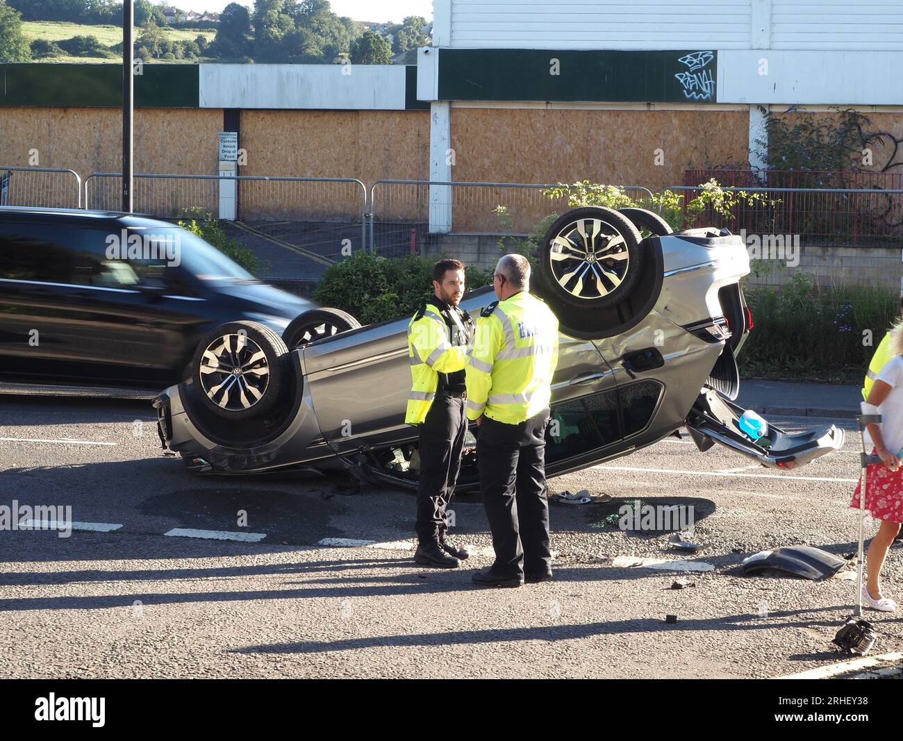 Overturned Volkswagen Tiguan Newbridge Road and Charmouth Road junction Bath, Somerset August 2023 Stock Photo