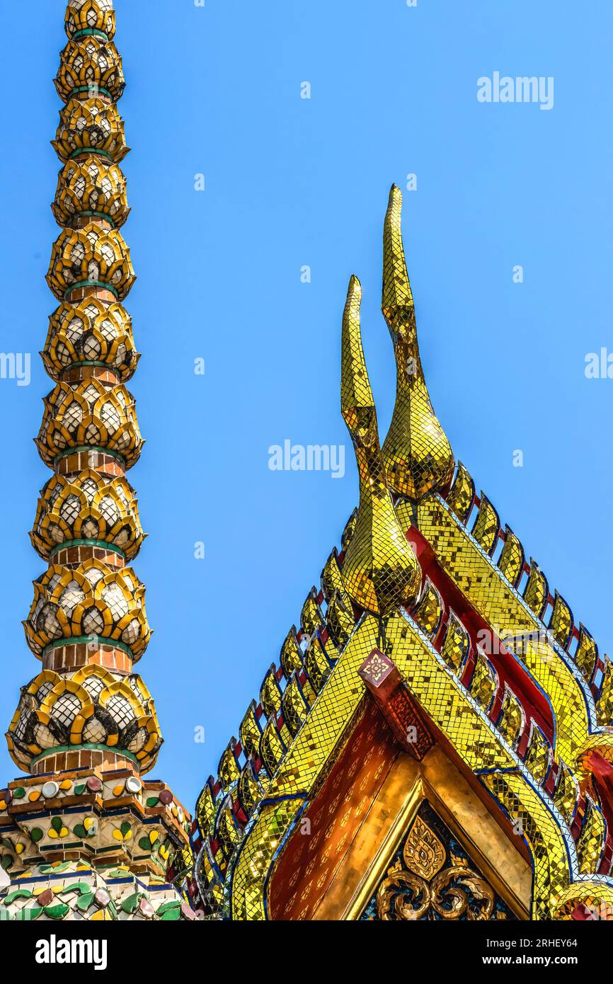 Ceramic Chedi Spire Pavilion Roof Wat Pho Po Temple Complex Bangkok Thailand. Built in 1600s. One of oldest temples in Thailand. Stock Photo