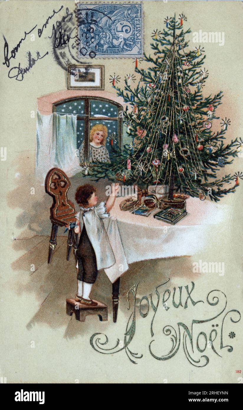 Carte Postale Ancienne Vœux – Enfant, Jouet, Chien, Sapin – Années 1920/30