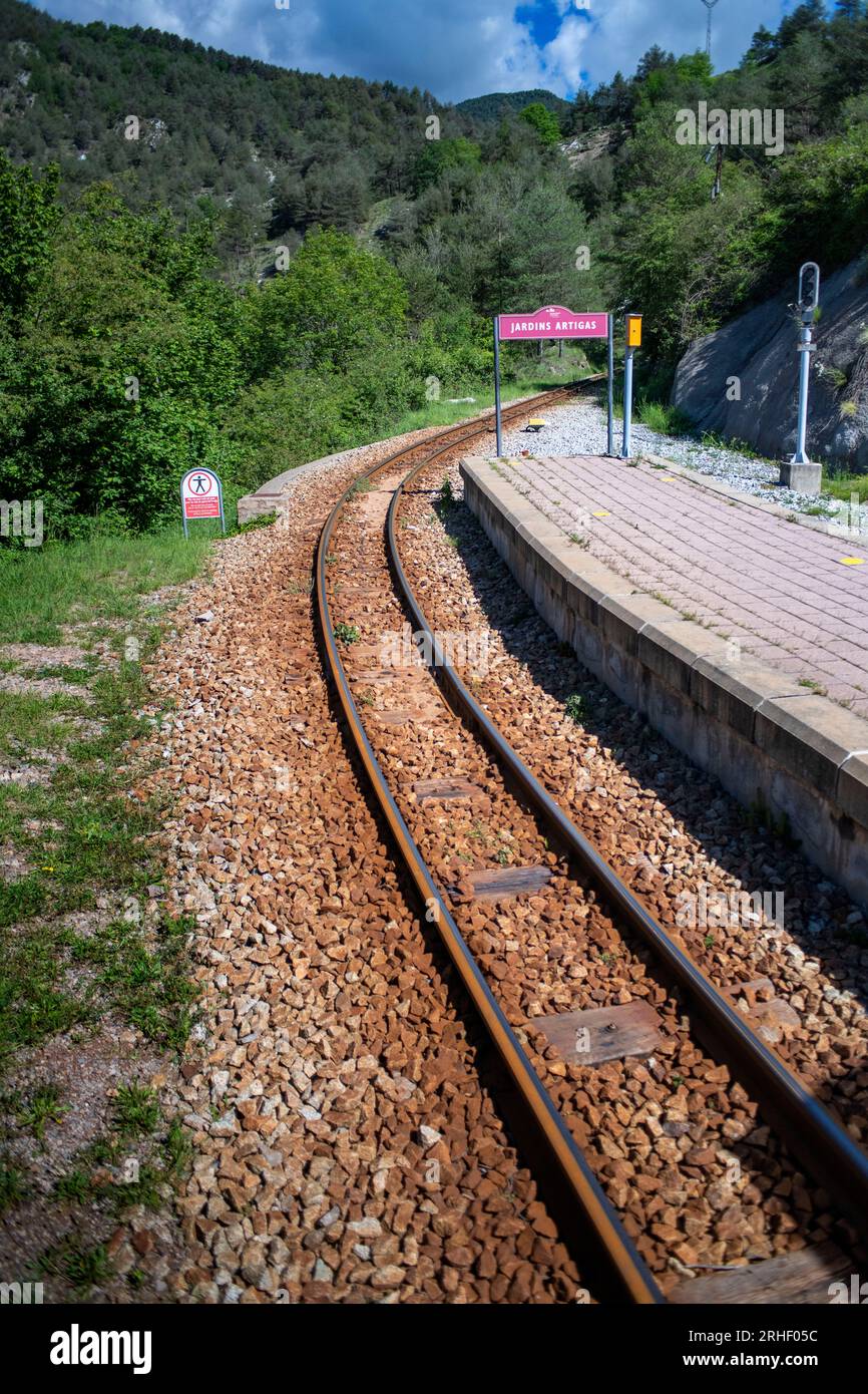 Tren del Ciment, at Jardins Artigas gardens station, La Pobla de Lillet, Castellar de n´hug, Berguedà, Catalonia, Spain.   The Tren del Ciment is a li Stock Photo