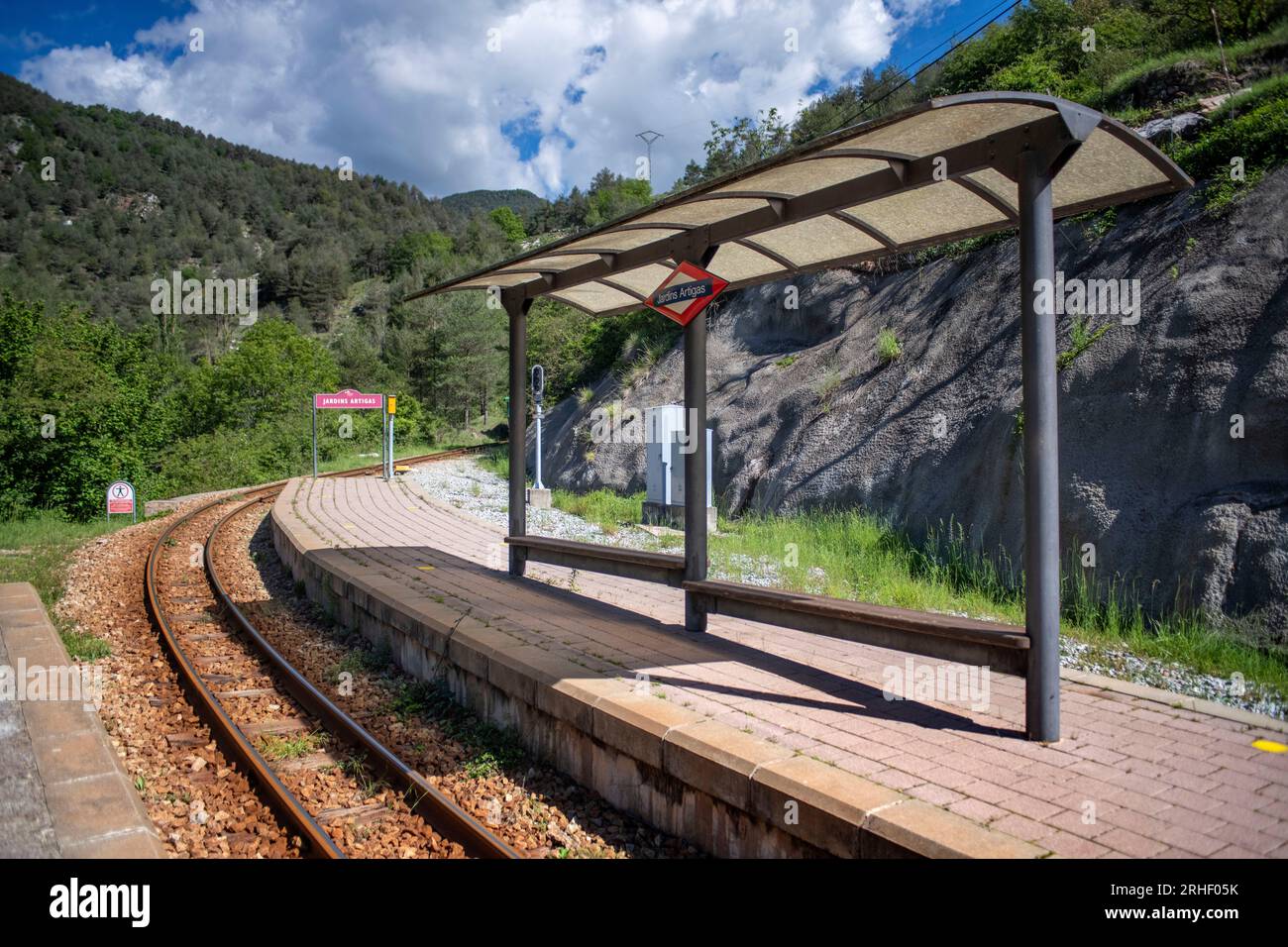 Tren del Ciment, at Jardins Artigas gardens station, La Pobla de Lillet, Castellar de n´hug, Berguedà, Catalonia, Spain.   The Tren del Ciment is a li Stock Photo