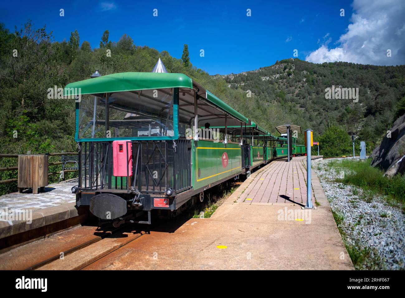 Tren del Ciment, at Jardins Artigas gardens station, La Pobla de Lillet, Castellar de n´hug, Berguedà, Catalonia, Spain.   The Tren del Ciment is a li Stock Photo