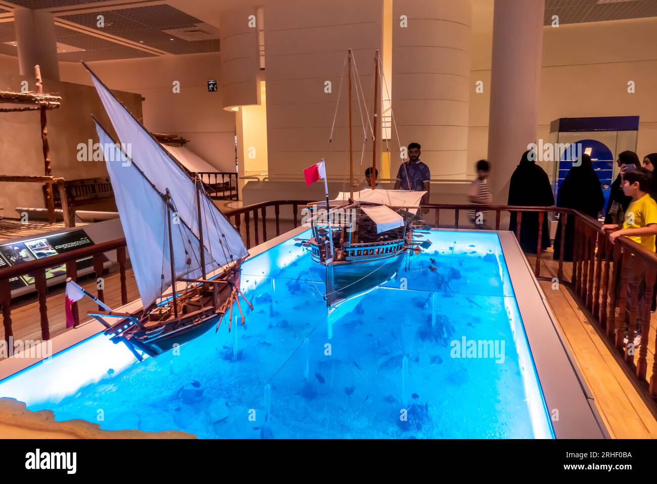 Bahrain museum: Pearling boats installation. Diving for pearls installation Stock Photo