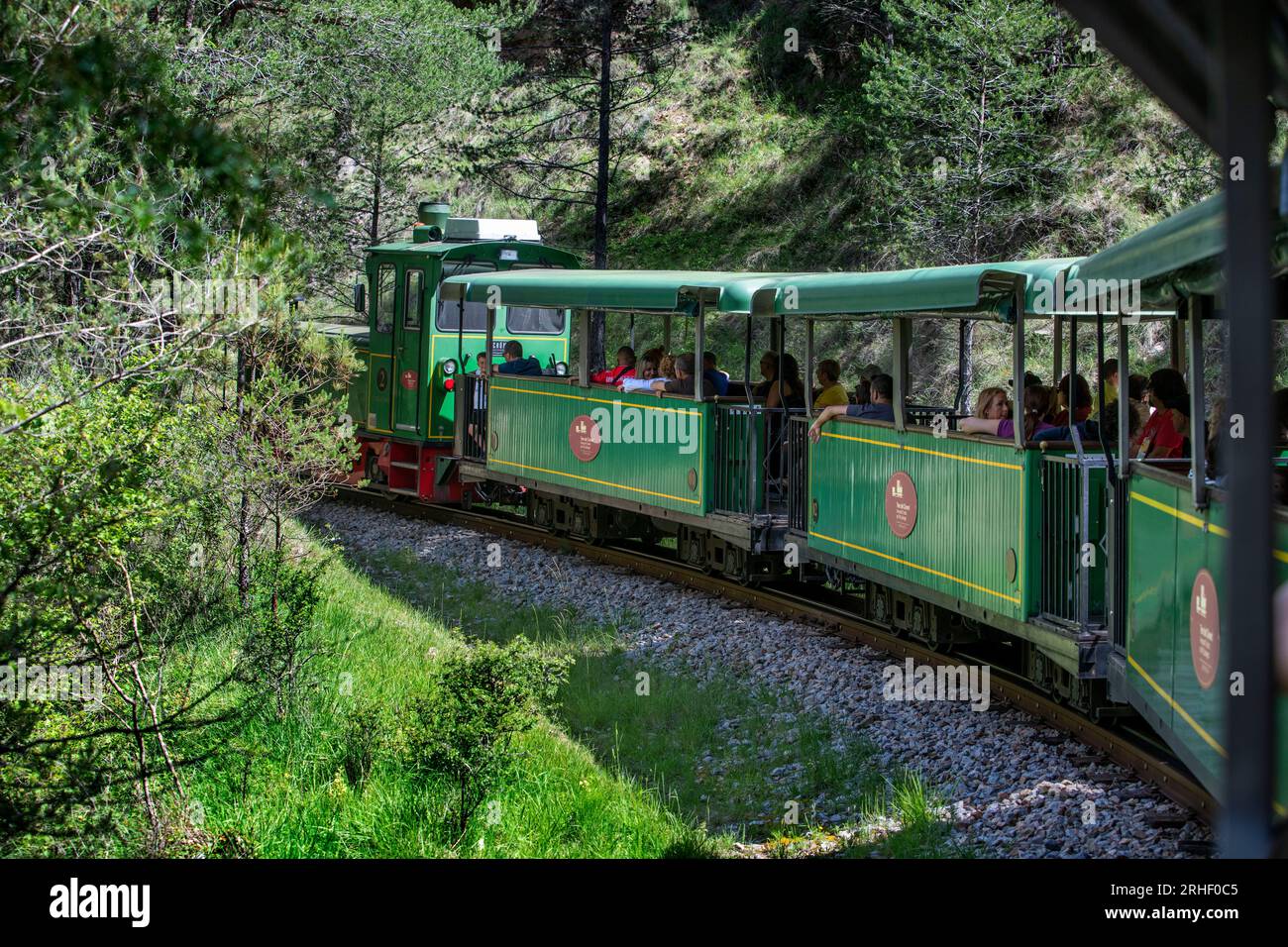 Tren del Ciment, at Jardins Artigas gardens station, La Pobla de Lillet, Castellar de n´hug, Berguedà, Catalonia, Spain.   The Tren del Ciment is a li Stock Photo