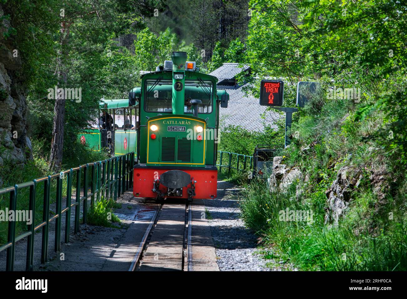 Tren del Ciment, at Jardins Artigas gardens station, La Pobla de Lillet, Castellar de n´hug, Berguedà, Catalonia, Spain.   The Tren del Ciment is a li Stock Photo