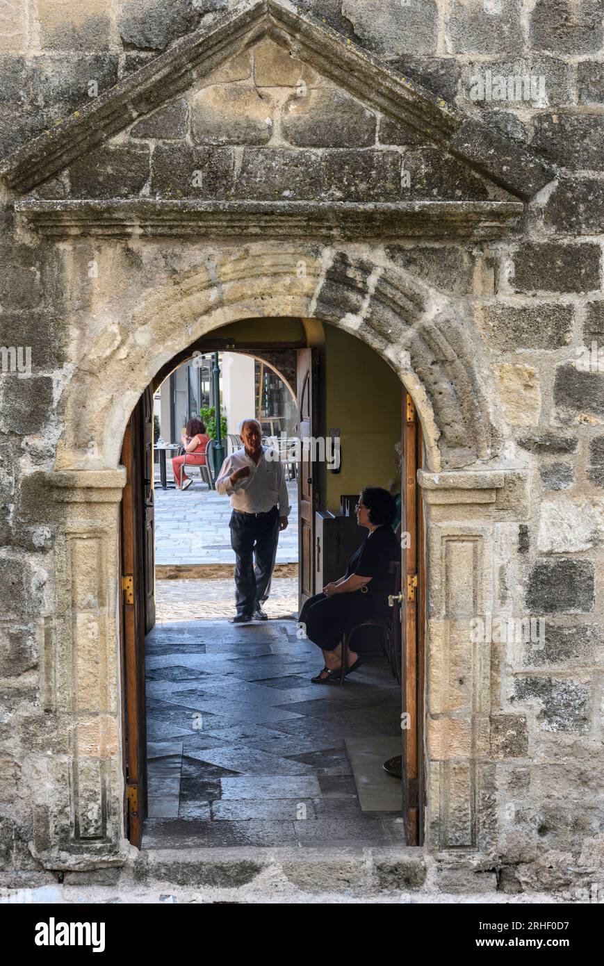 A service in the 13th century Byzantine church of Agii Apostoli in the old quater of Kalamata. The Greek War of Independence was formally declared her Stock Photo