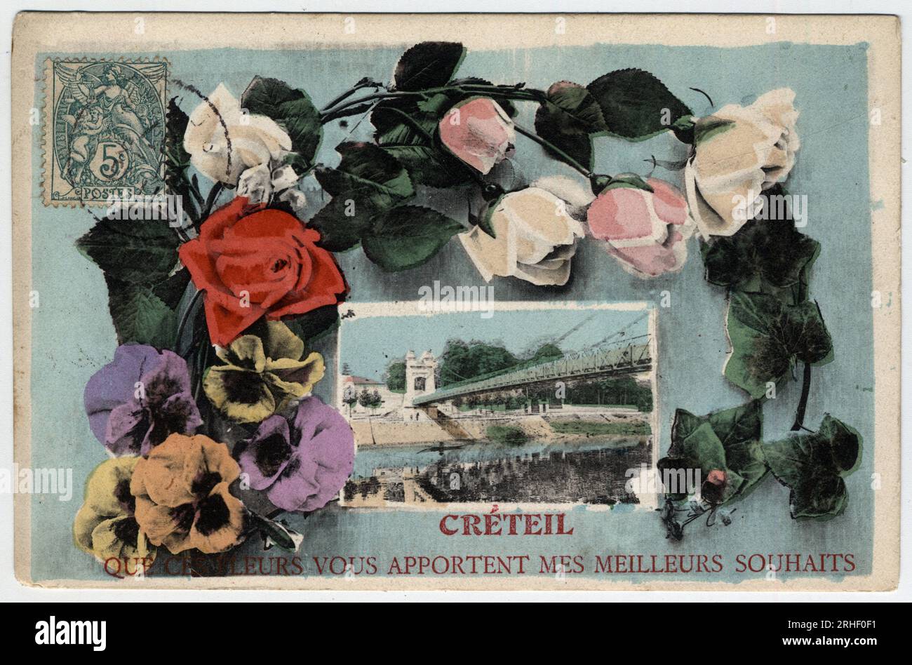 Ile de France, Val de Marne, Creteil : le pont de Creteil entoure d'une guirlande de fleurs - Carte postale fin 19eme-debut 20eme siecle Stock Photo