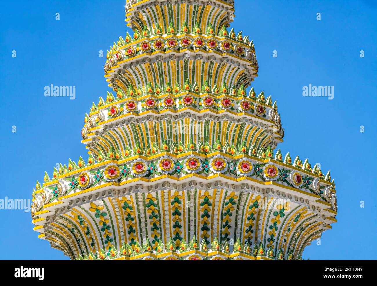 Coloful Ceramic Chedi Spire Pagoda Wat Pho Po Temple Complex Bangkok Thailand. Built in 1600s. One of oldest temples in Thailand. Stock Photo