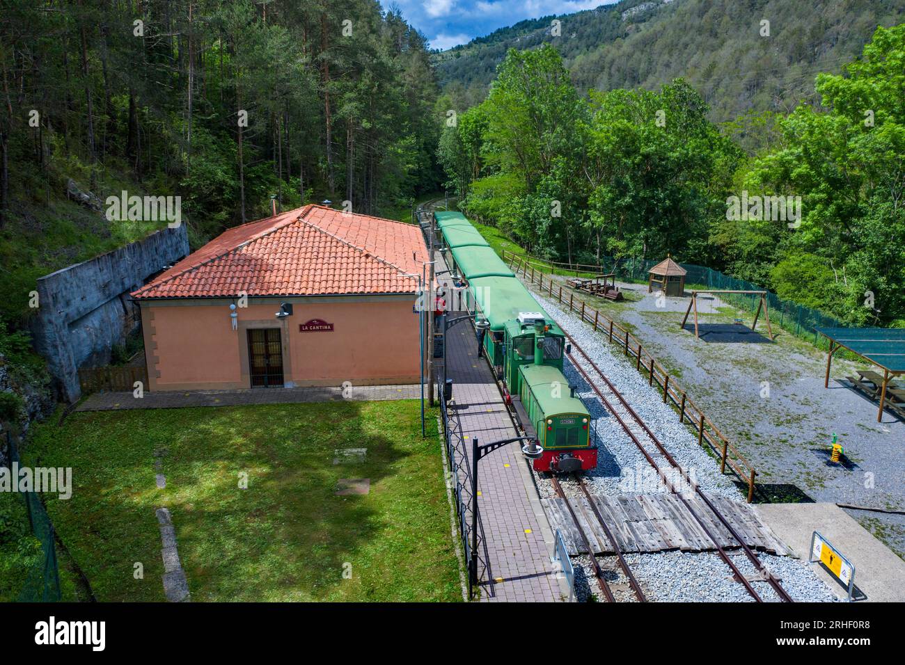 Aeria view of Tren del Ciment, at Clot del Moro station, Castellar de n´hug, Berguedà, Catalonia, Spain.   The Tren del Ciment is a line that historic Stock Photo