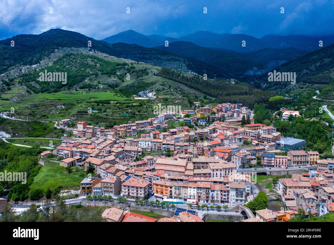 Aerial view of La Pobla de Lillet village on a summer day in Berguedà, Barcelona province, Catalonia, Spain Stock Photo