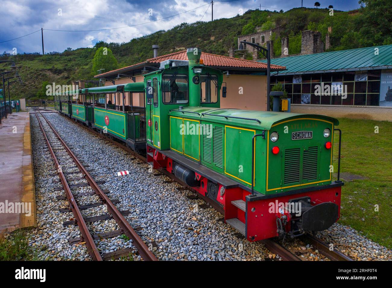 Aerial view of Tren del Ciment, at Pobla de Lillet station, La Pobla de Lillet, Castellar de n´hug, Berguedà, Catalonia, Spain.   The Tren del Ciment Stock Photo