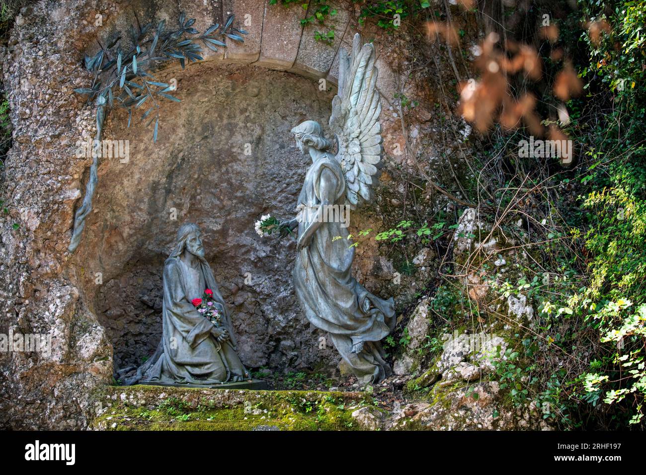 Prayer of Jesus in the Garden of Gethsemani sculpure on the way of Santa Cova chapel on the mountain Montserrat in Monistrol de Montserrat, Barcelona, Stock Photo