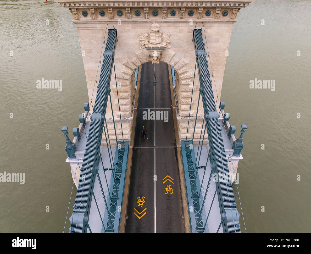 Renovated Szechenyi Chain bridge in Budapest Hungary.  Replaces all old and damaged bricks, all iron component, and the full light system.  The Chain Stock Photo