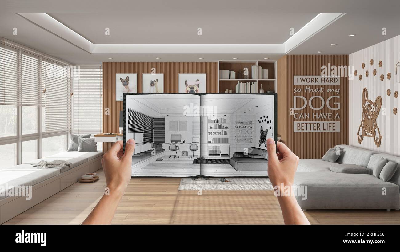 Hands holding notepad with pet friendly office design blueprint sketch ...