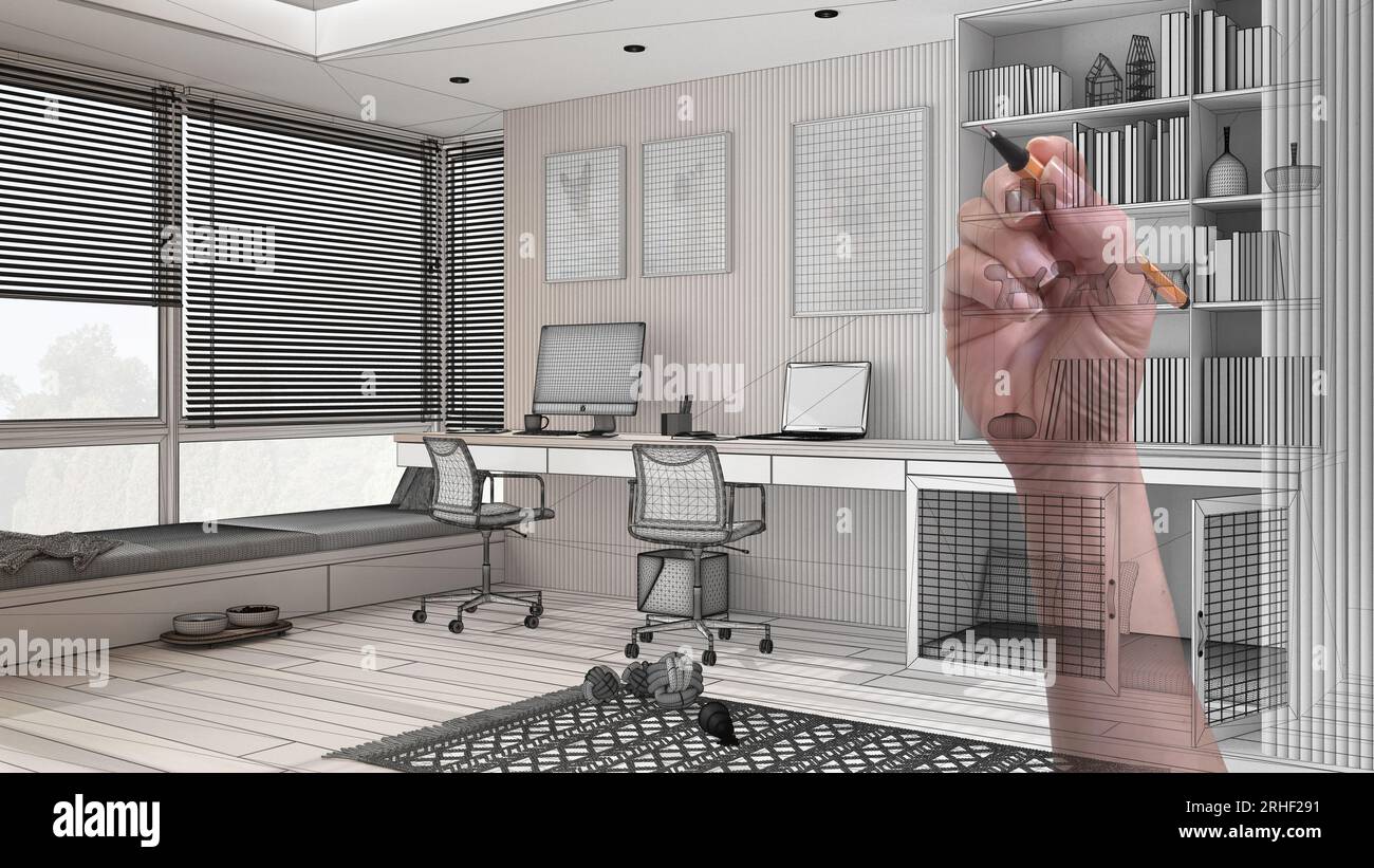 Hand drawing custom pet friendly home office with desk and chairs, dog