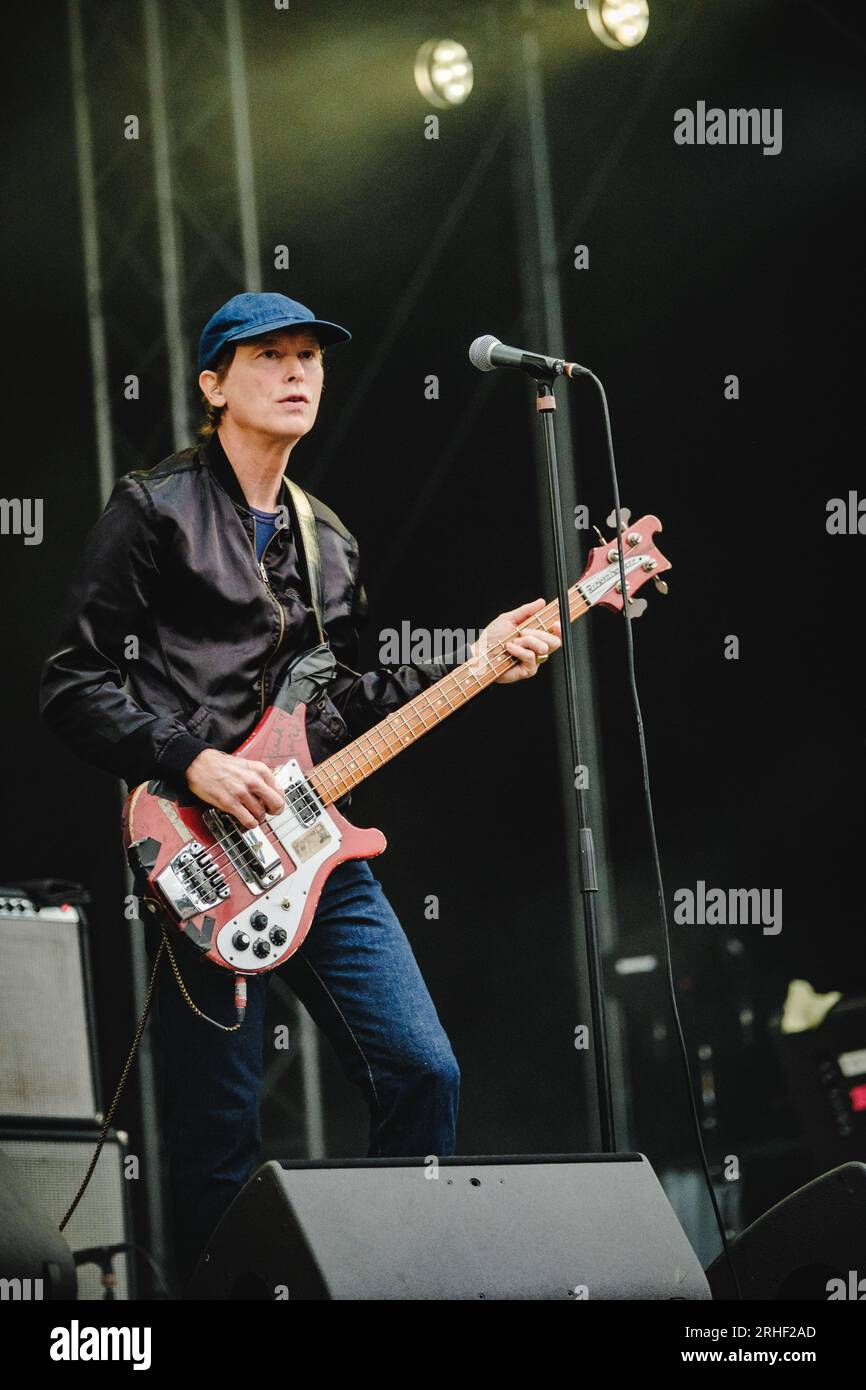 Gothenburg, Sweden. 11th, August 2023. The Swedish rock band The Soundtrack of Our Lives performs a live concert during the Swedish music festival Way Out West 2023 in Gothenburg. Here bass player Kalle Gustafsson Jerneholm is seen live on stage. (Photo credit: Gonzales Photo - Tilman Jentzsch). Stock Photo