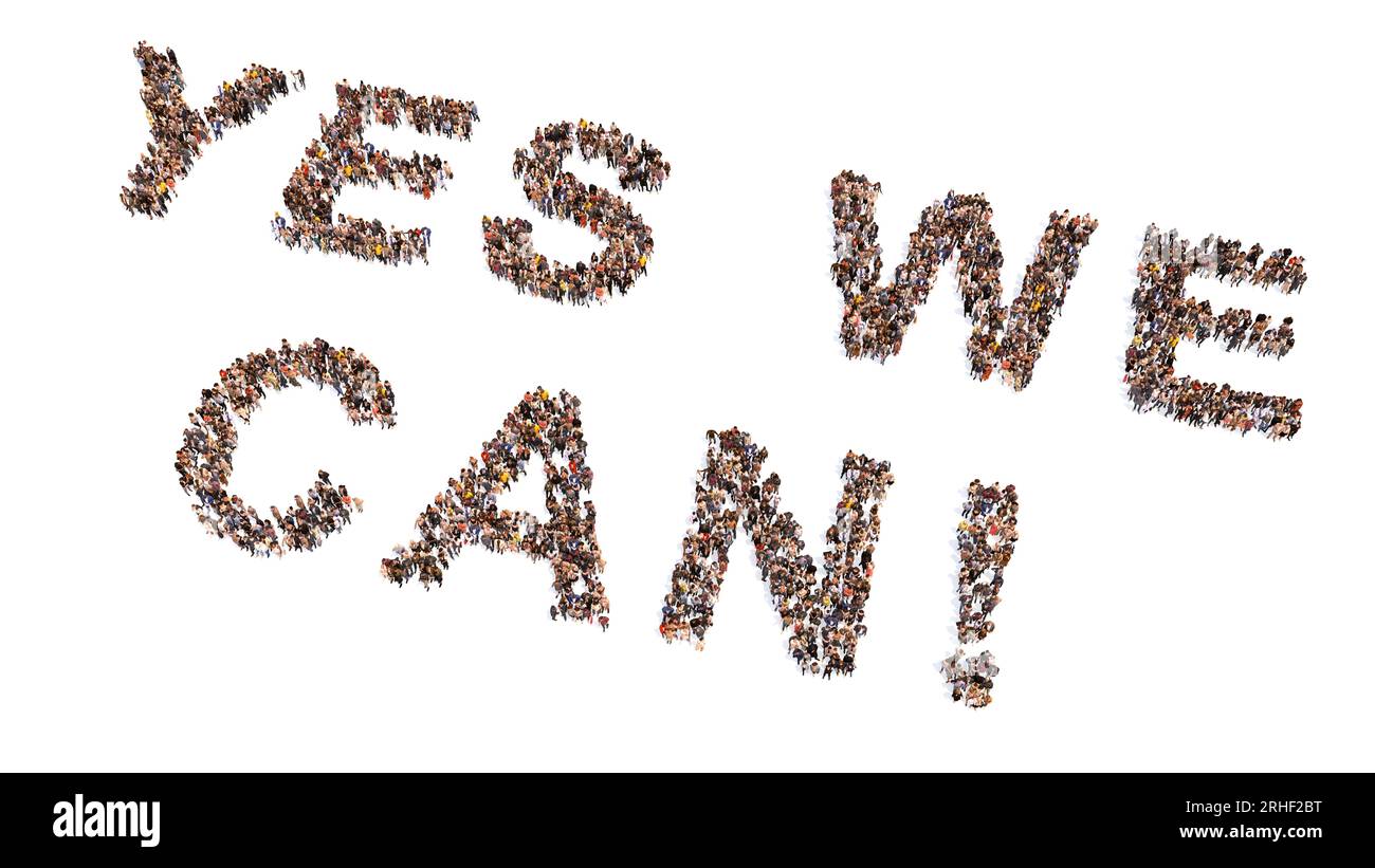 Concept conceptual large community of people forming YES WE CAN saying