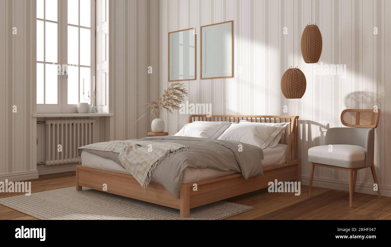 Scandinavian wooden bedroom in white and beige tones, frame mockup, double bed with pillows, duvet and blanket, striped wallpaper, carpet, parquet and Stock Photo