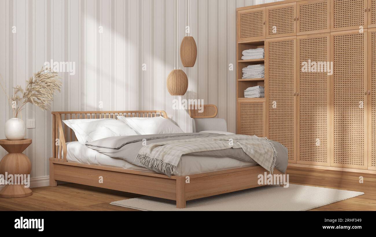 Scandinavian wooden bedroom in white and beige tones, double bed with ...