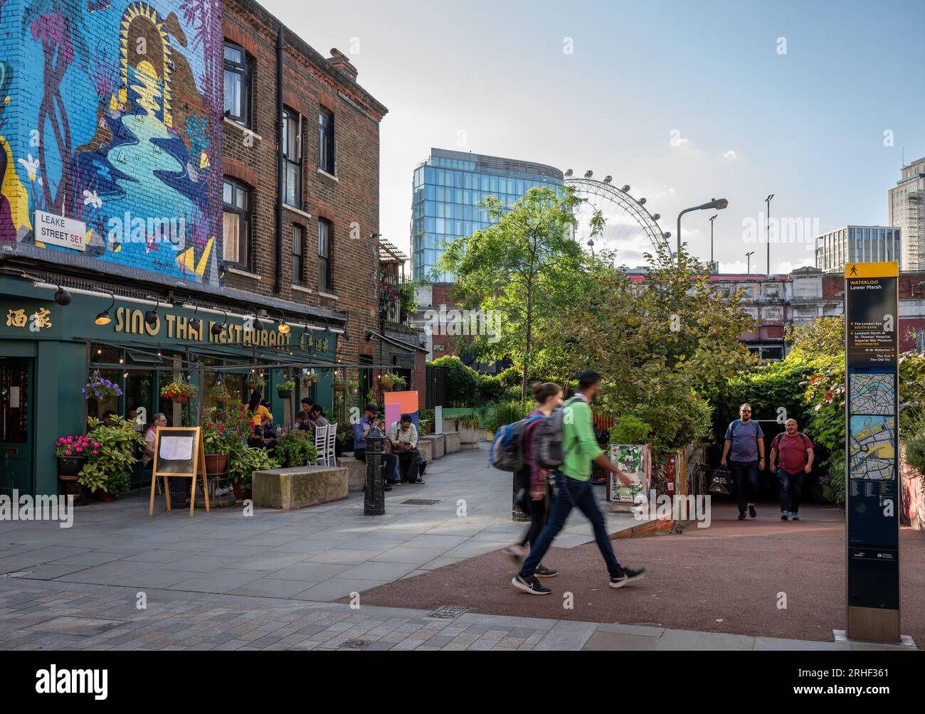 London, UK: People at the junction of Lower Marsh and Leake Street close to Waterloo Station in London. Stock Photo