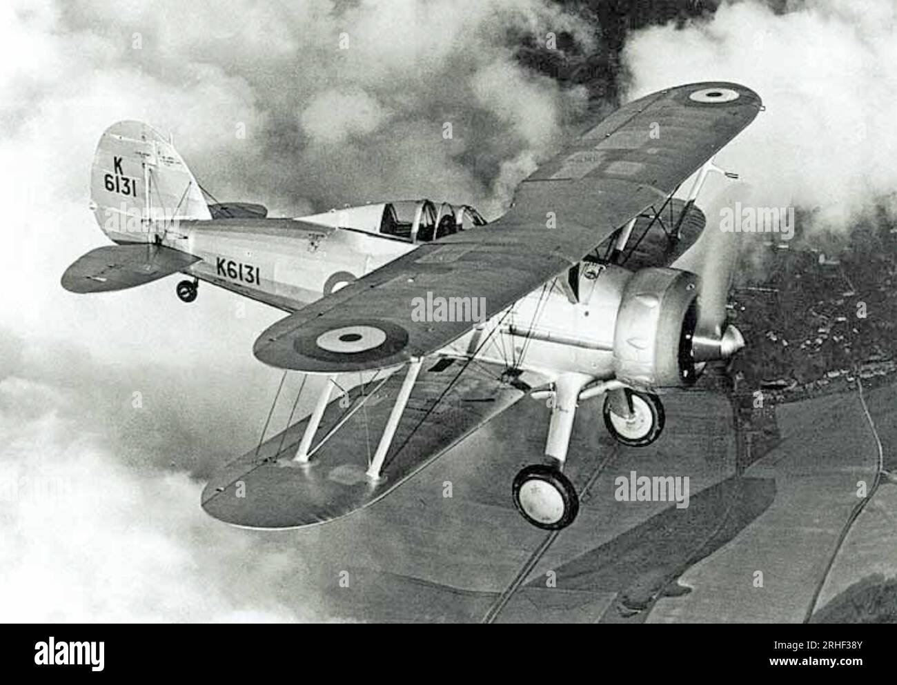GLOSTER GLADIATOR  Mk 1  K6131 of 72 Squadron RAF. It was delivered in to 72 Squadron RAF at Church Fenton in February 1938 but struck off charge after it crashed after running out of fuel on 26 March 1938. Stock Photo