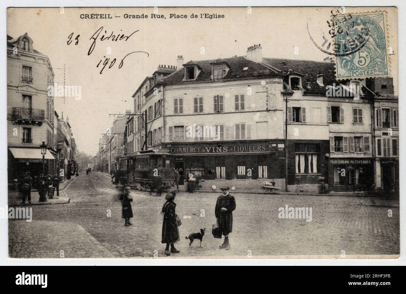 Ile de France, Val de Marne, Creteil : Grande Rue, Place de l'Eglise - Carte postale datee 1906 Stock Photo