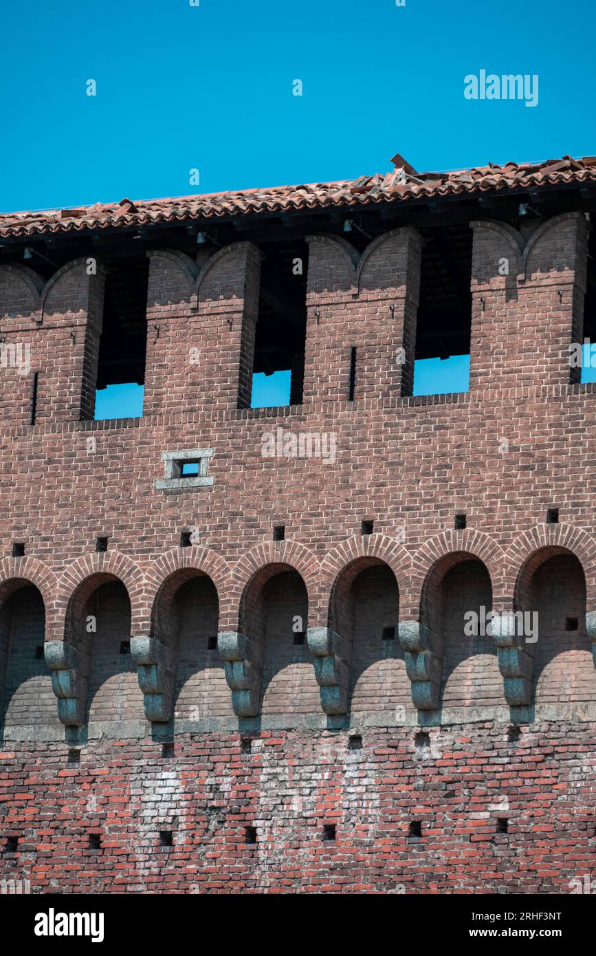 Castello Sforzesco (Sforza's Castle) details of the medieval fortification located in Milan, northern Italy.  08-15-2023. Built by Francesco Sforza Stock Photo