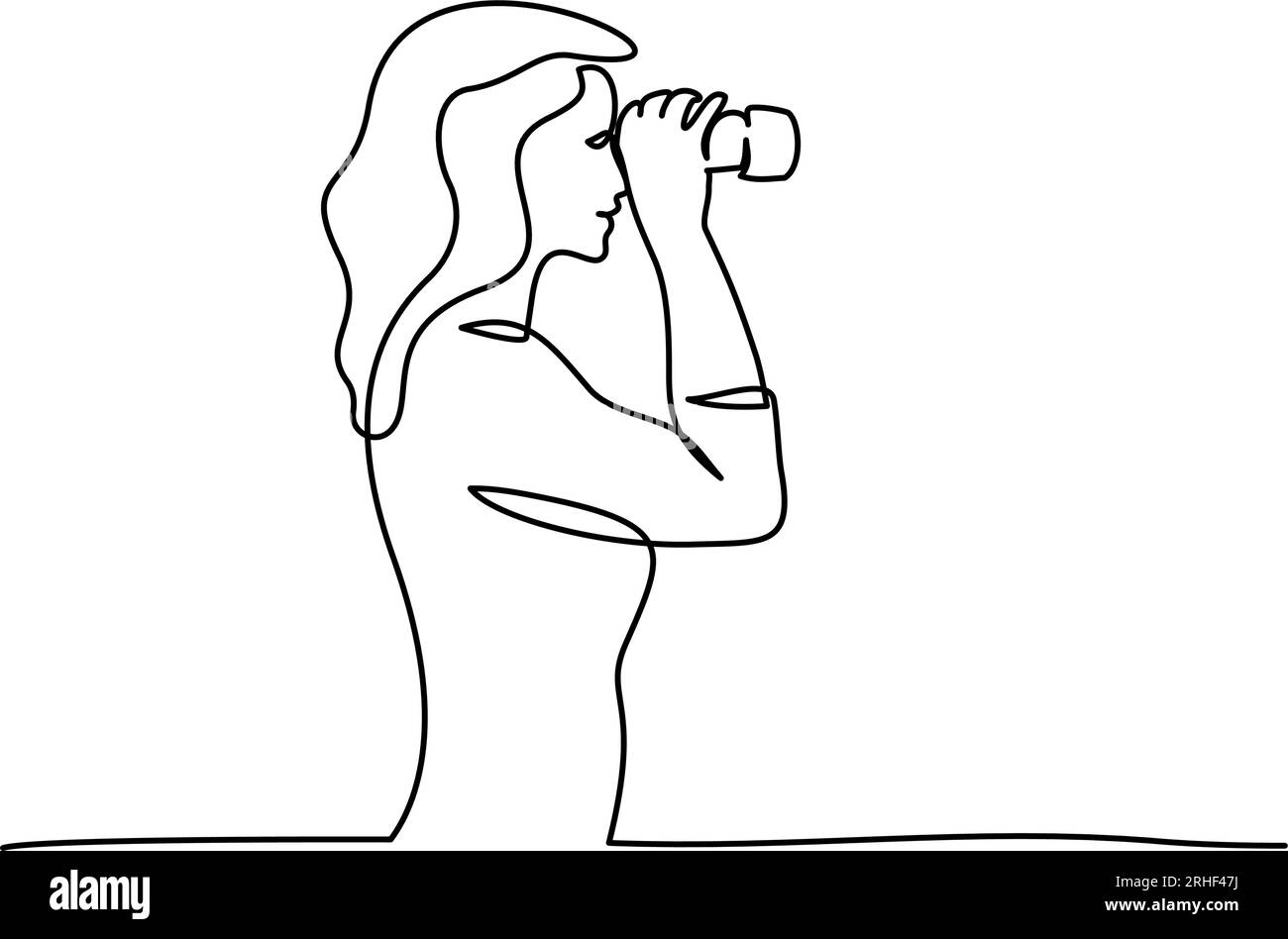 Woman looking into distance with binoculars. Continuous one line drawing. Concept of searching for truth. Single line design vector graphic illustrati Stock Vector