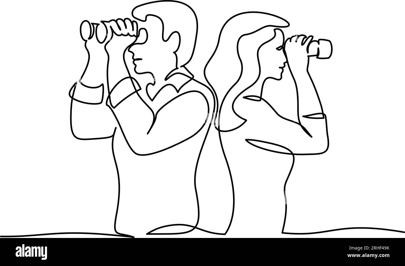 Man and woman looking into distance with binoculars. Continuous one line drawing. Concept of searching for truth. Single line design vector graphic il Stock Vector