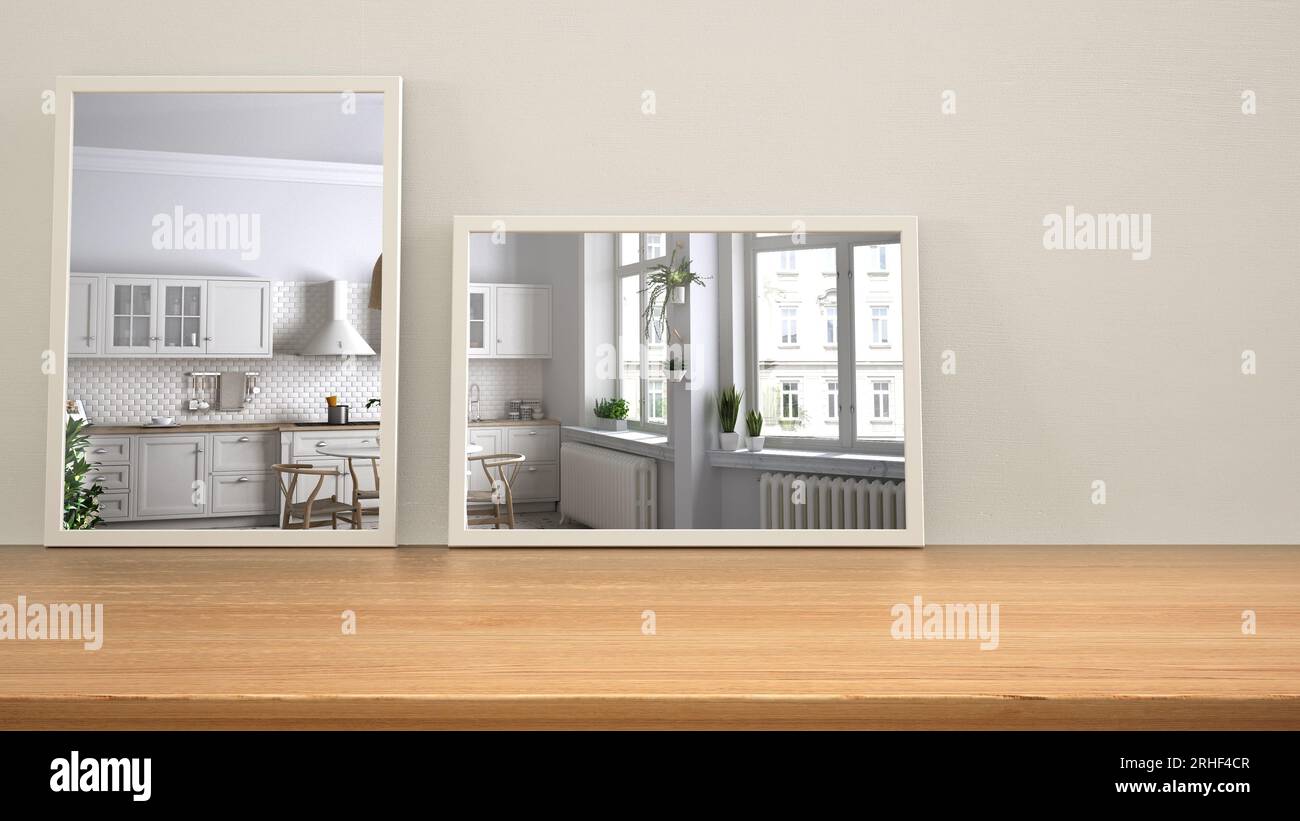 Minimalist mirrors on wooden table, desk or shelf reflecting interior ...