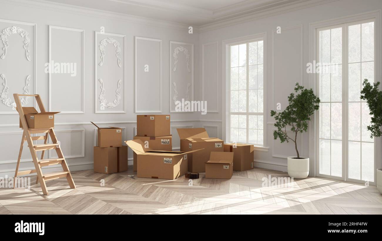 Cardboard carton boxes stack in classic empty room, wooden step ladder ...