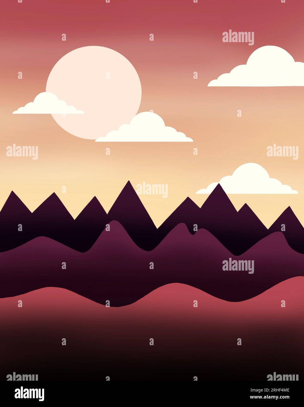 Abstract Cartoon Drawing of Mountains and Hills at Sunset. Stock Photo