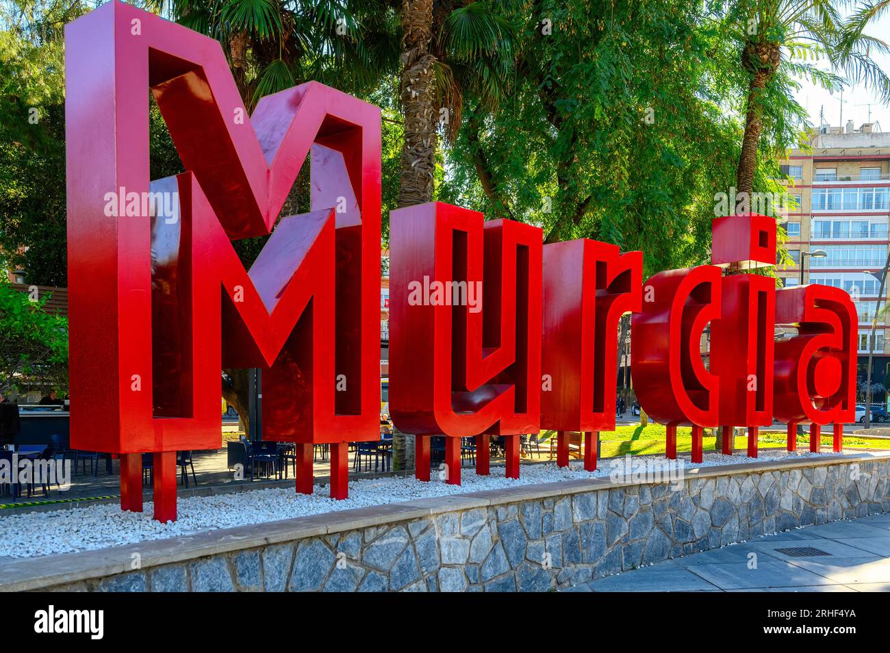 Murcia, Spain, three dimensional sign of the city. The red single word text is located in a public square in the downtown district. Stock Photo
