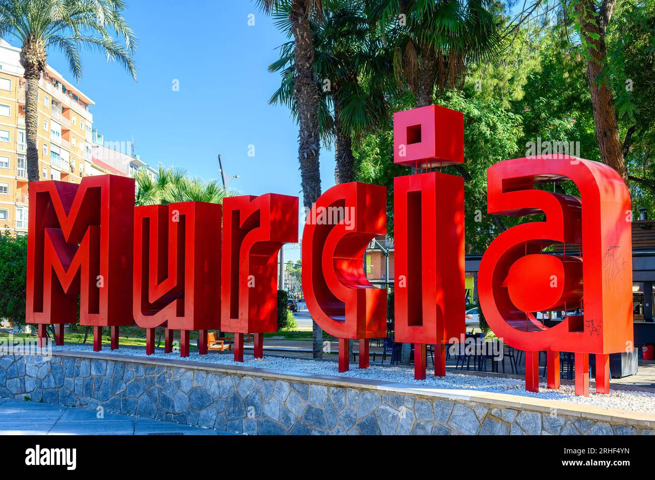 Murcia, Spain, three dimensional sign of the city. The red single word text is located in a public square in the downtown district. Stock Photo