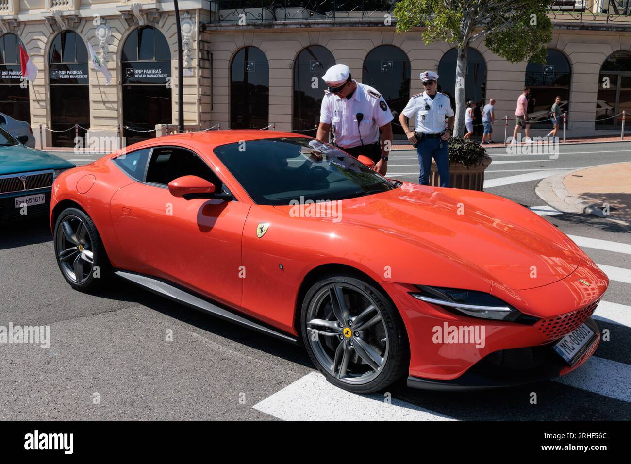 Ferrari Roma in Monte Carlo being stopped by Monaco Police Stock Photo