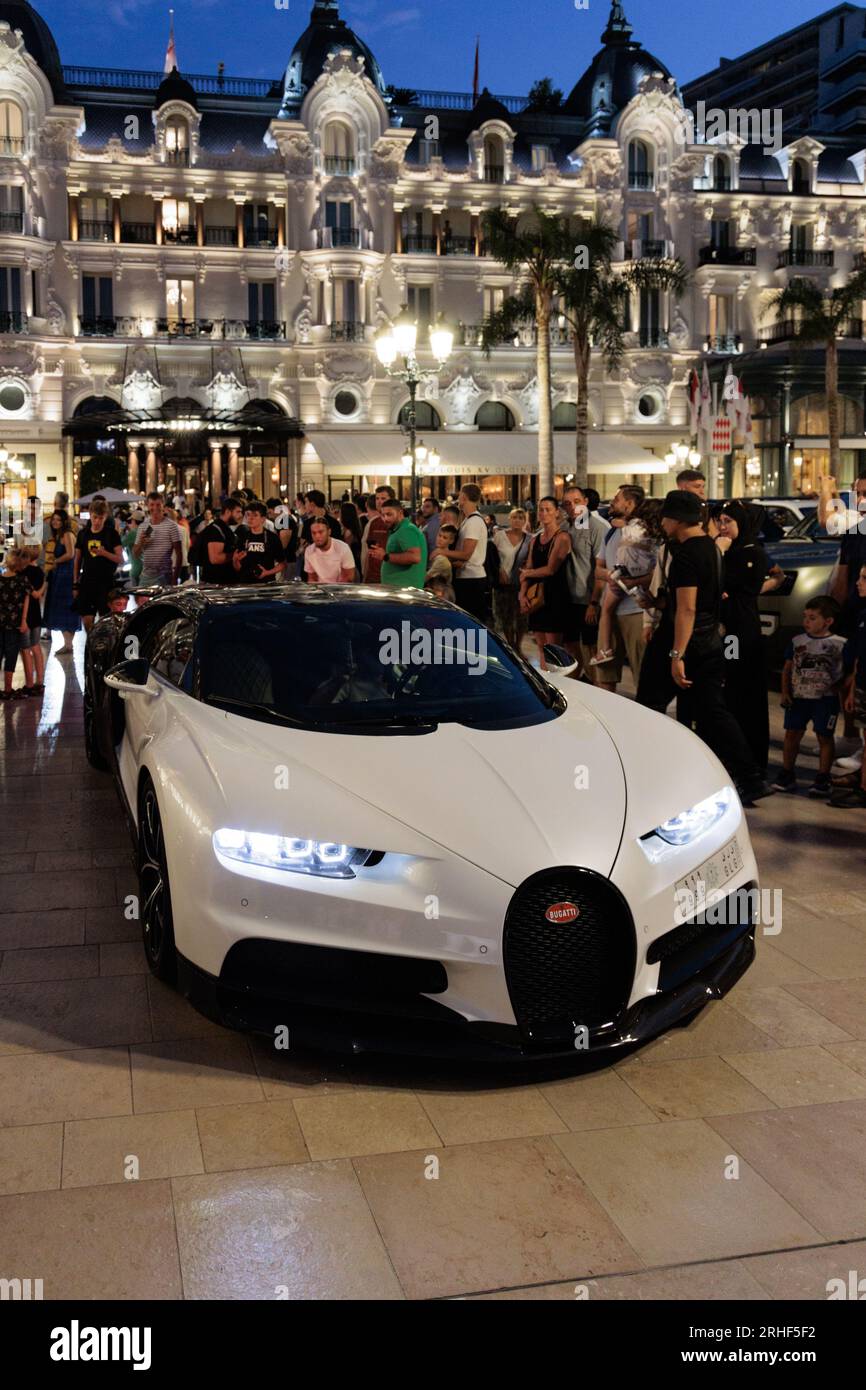 Bugatti Chiron driving into Casino Square in Monte Carlo, Monaco Stock Photo