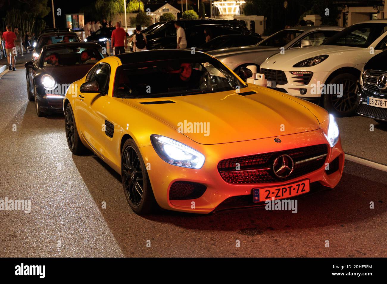 Mercedes AMG GT driving through Casino Square in Monte Carlo, Monaco Stock Photo