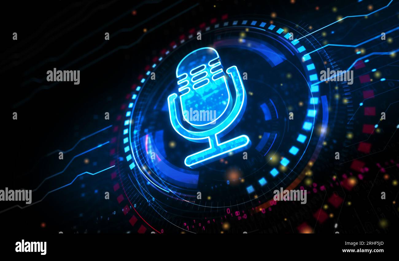 Microphone podcast online and on air record live broadcast golden metal shine symbol concept. Spectacular glowing and reflection light icon abstract o Stock Photo