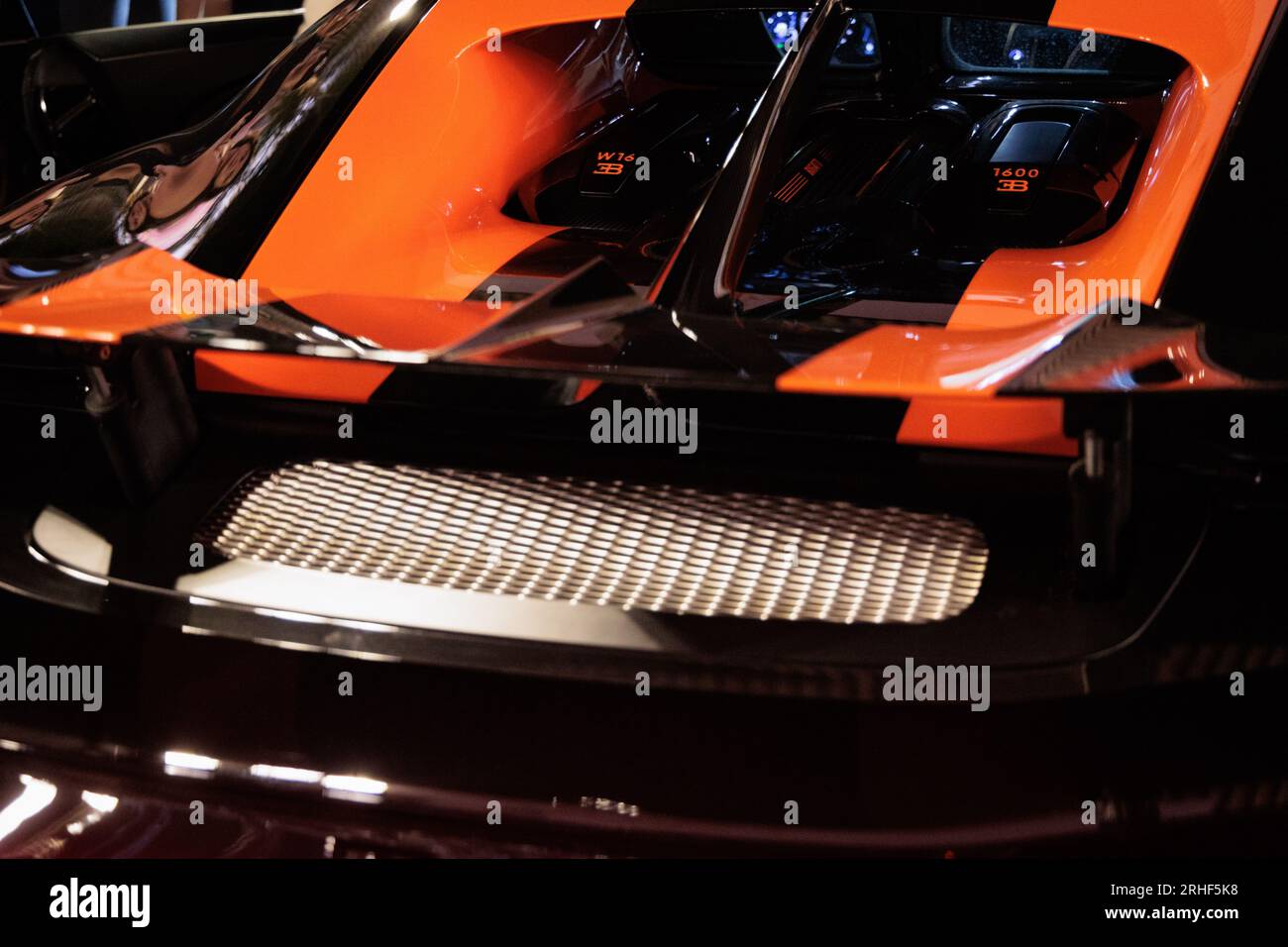 Bugatti Chiron pur sport 300+ rear view of it's 1,600 PS quad-turbocharged W16 engine Stock Photo