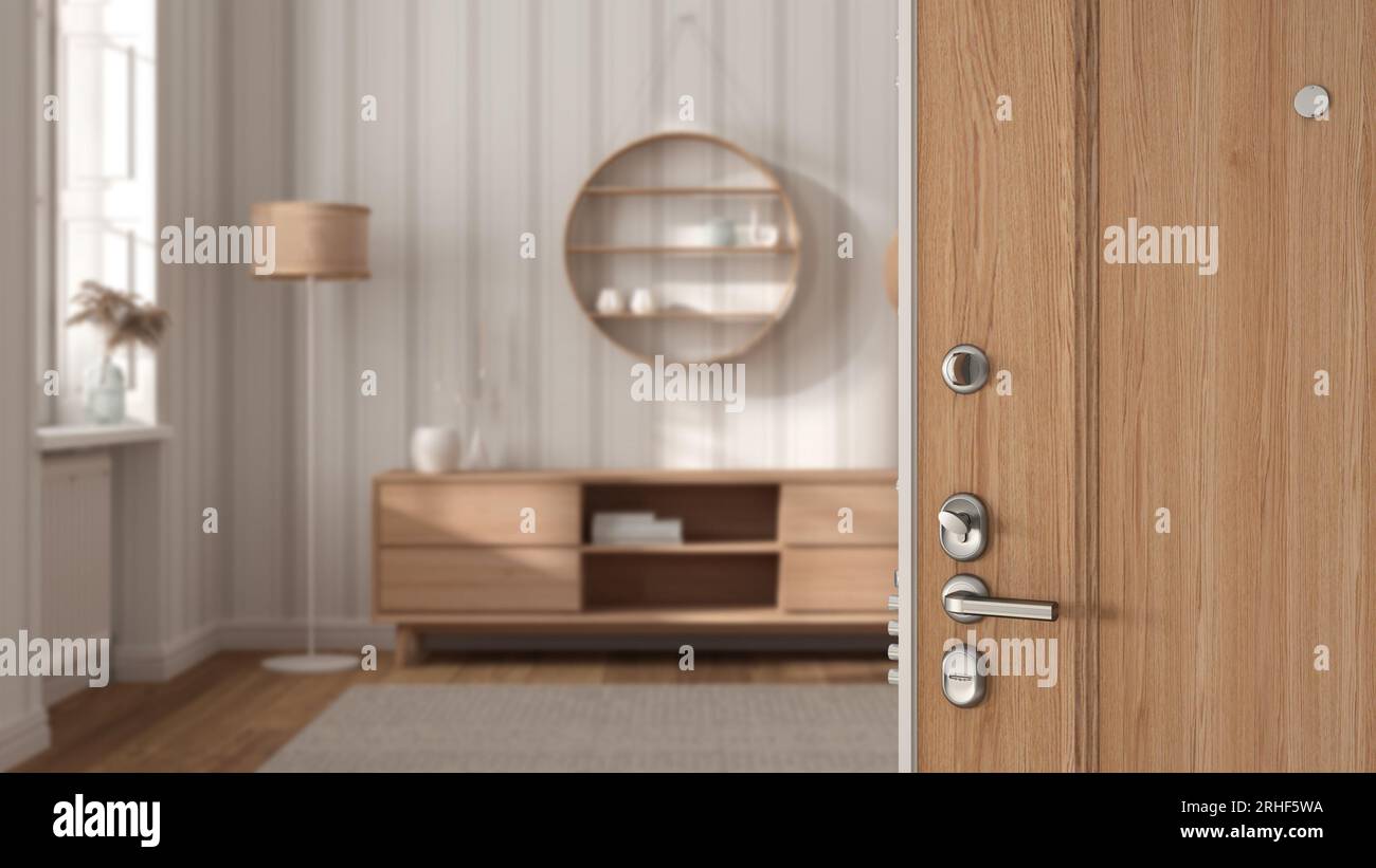 Wooden entrance door opening on contemporary living room with sideboard ...