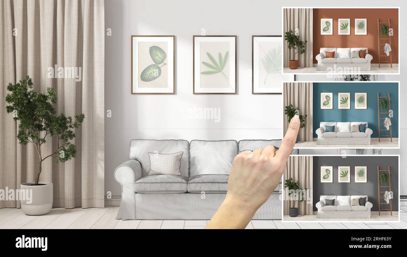 Architect designer concept, hand showing scandinavian living room with ...